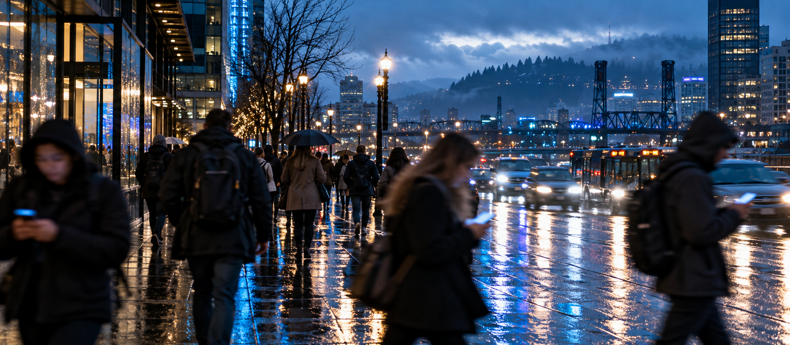 A busy city street at dusk